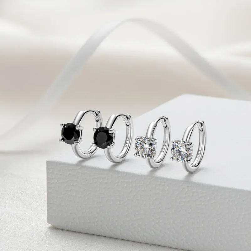 1.0CTW. Round Cut White/Black Moissanite Huggie Hoop Earrings