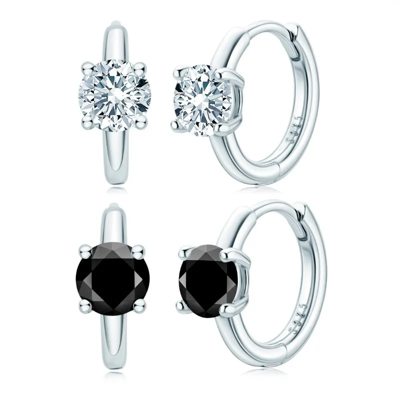 1.0CTW. Round Cut White/Black Moissanite Huggie Hoop Earrings