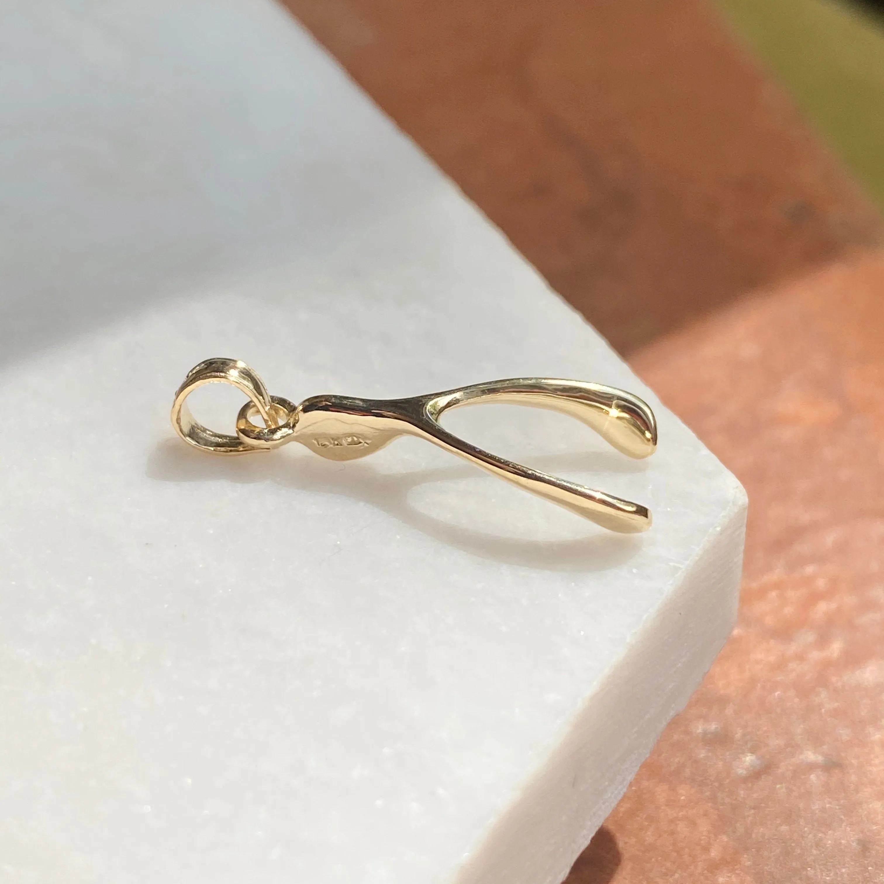 10KT Yellow Gold 3D Wishbone Pendant Charm