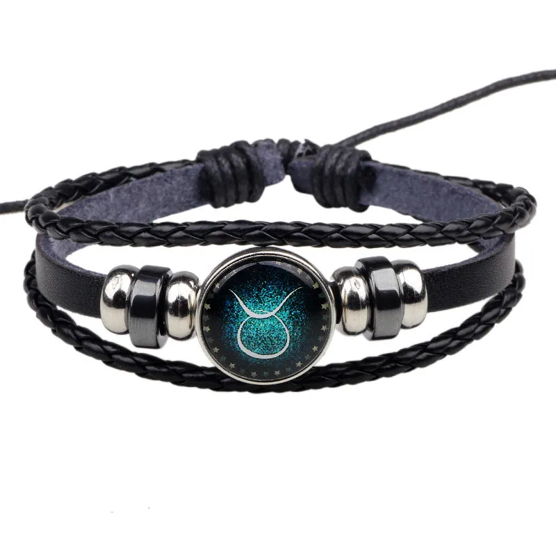 12 Constellations Hand Woven Leather Bracelet Cuff Men