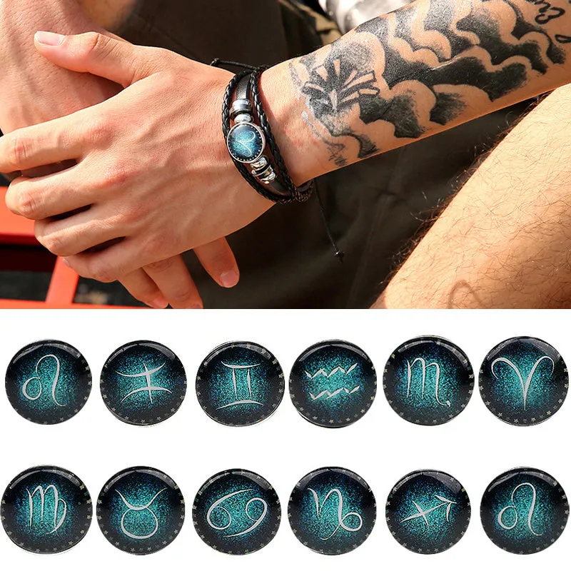 12 Constellations Hand Woven Leather Bracelet Cuff Men