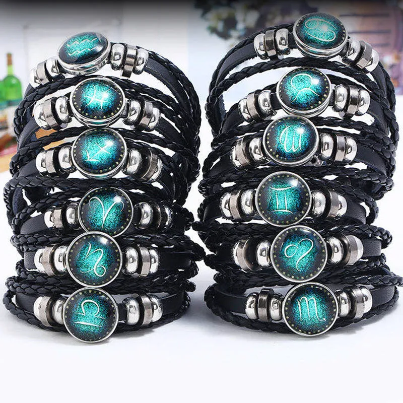 12 Constellations Hand Woven Leather Bracelet Cuff Men
