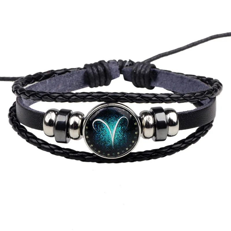 12 Constellations Hand Woven Leather Bracelet Cuff Men