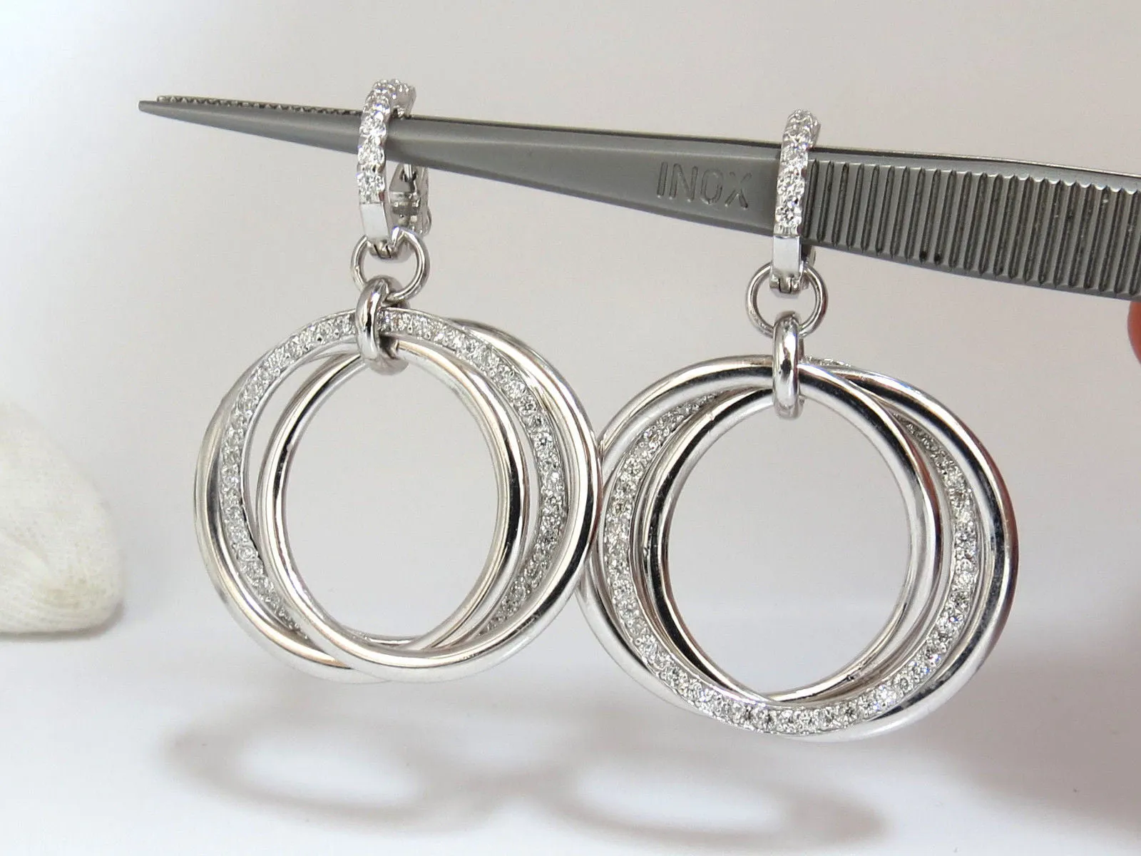 1.26ct NATURAL ROUND DIAMONDS DANGLE ROLLING RINGS EARRINGS 14KT LARGE