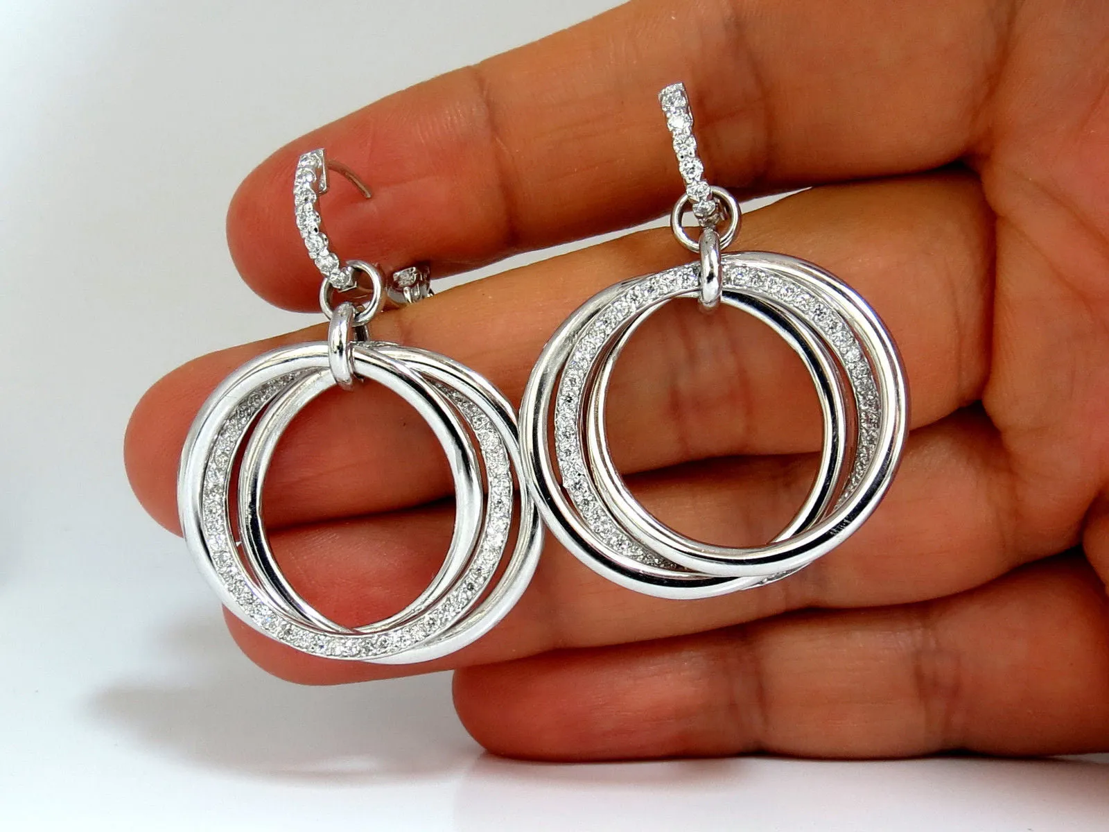 1.26ct NATURAL ROUND DIAMONDS DANGLE ROLLING RINGS EARRINGS 14KT LARGE