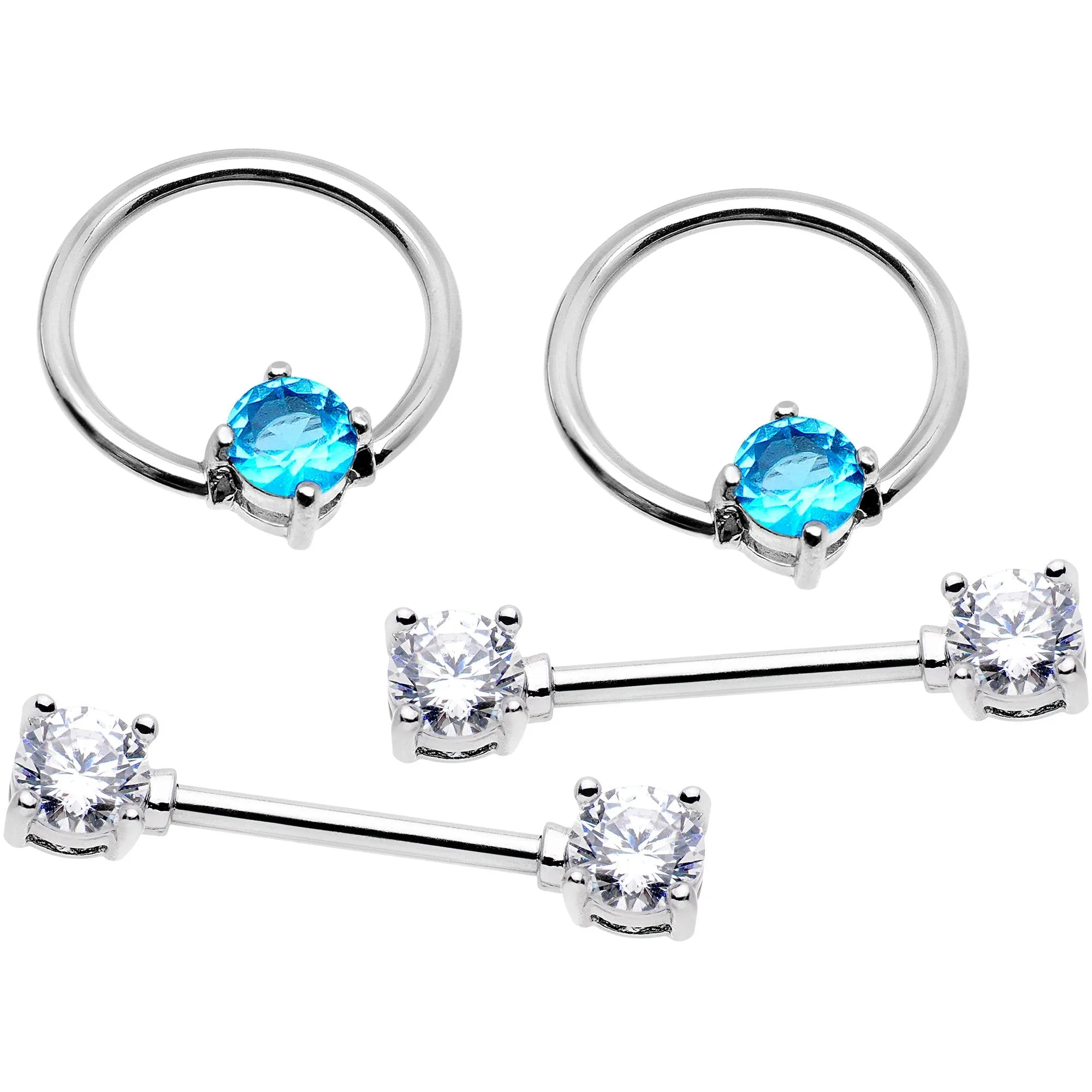 14 Gauge 5/8 Clear Aqua Gem Captive Ring Barbell Nipple Ring Set