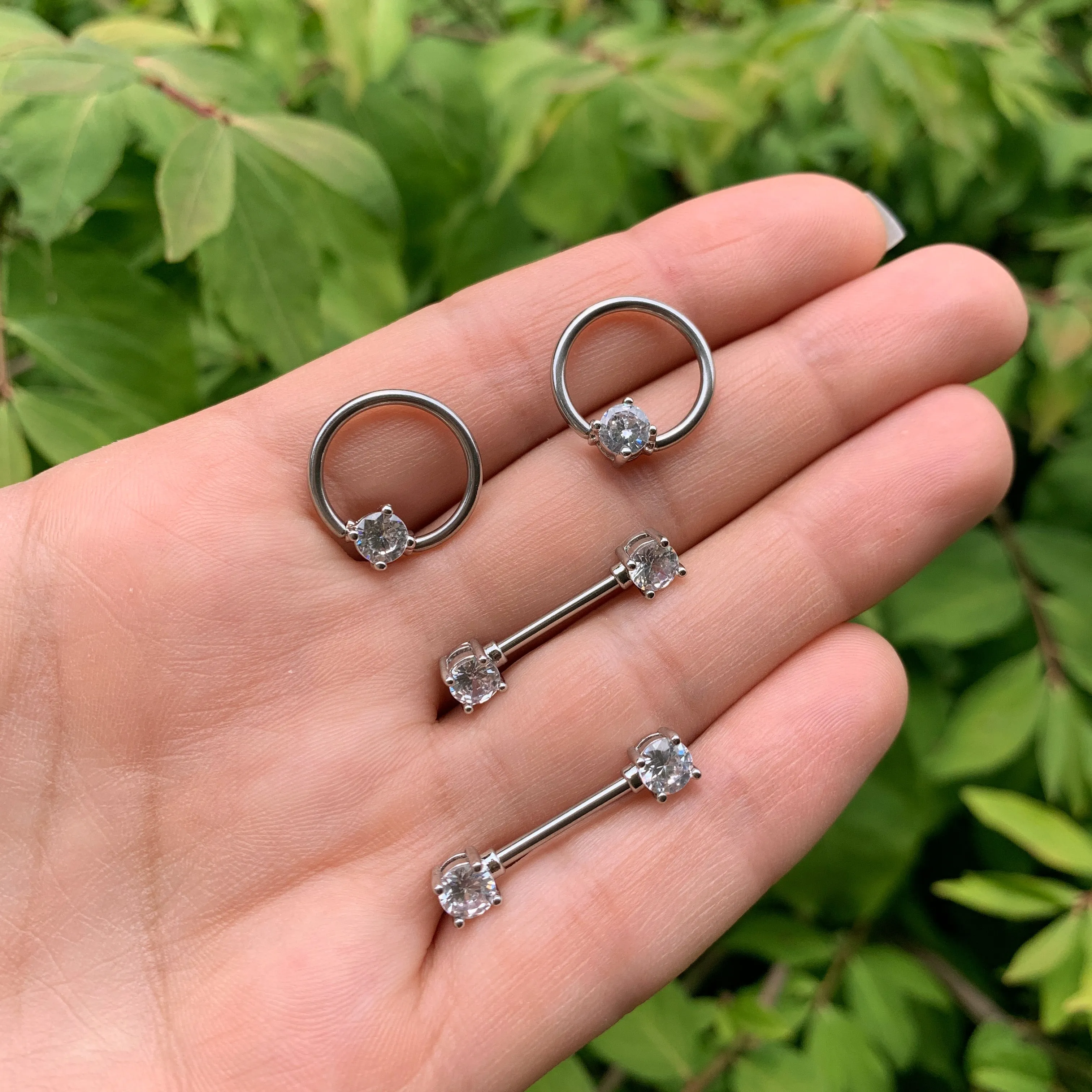 14 Gauge 9/16 Clear Gem BCR Captive Ring Barbell Nipple Ring Set