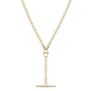 14k 3 Prong Diamond Open Link Pavé Diamond Toggle Rolo Chain Lariat