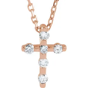 14K Rose .08 CTW Diamond Cross 16-18" Necklace