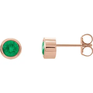 14K Rose 4 mm Round Genuine Emerald Birthstone Earrings