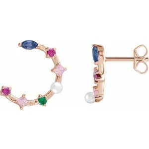 14K Rose Cultured Freshwater Pearl & Natural Multi-Gemstone Earrings