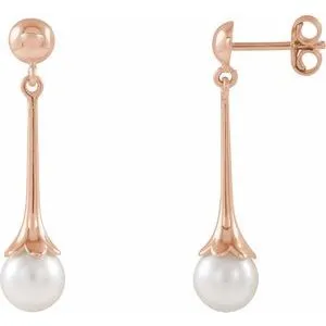 14K Rose Freshwater Pearl Dangle Earrings with Backs