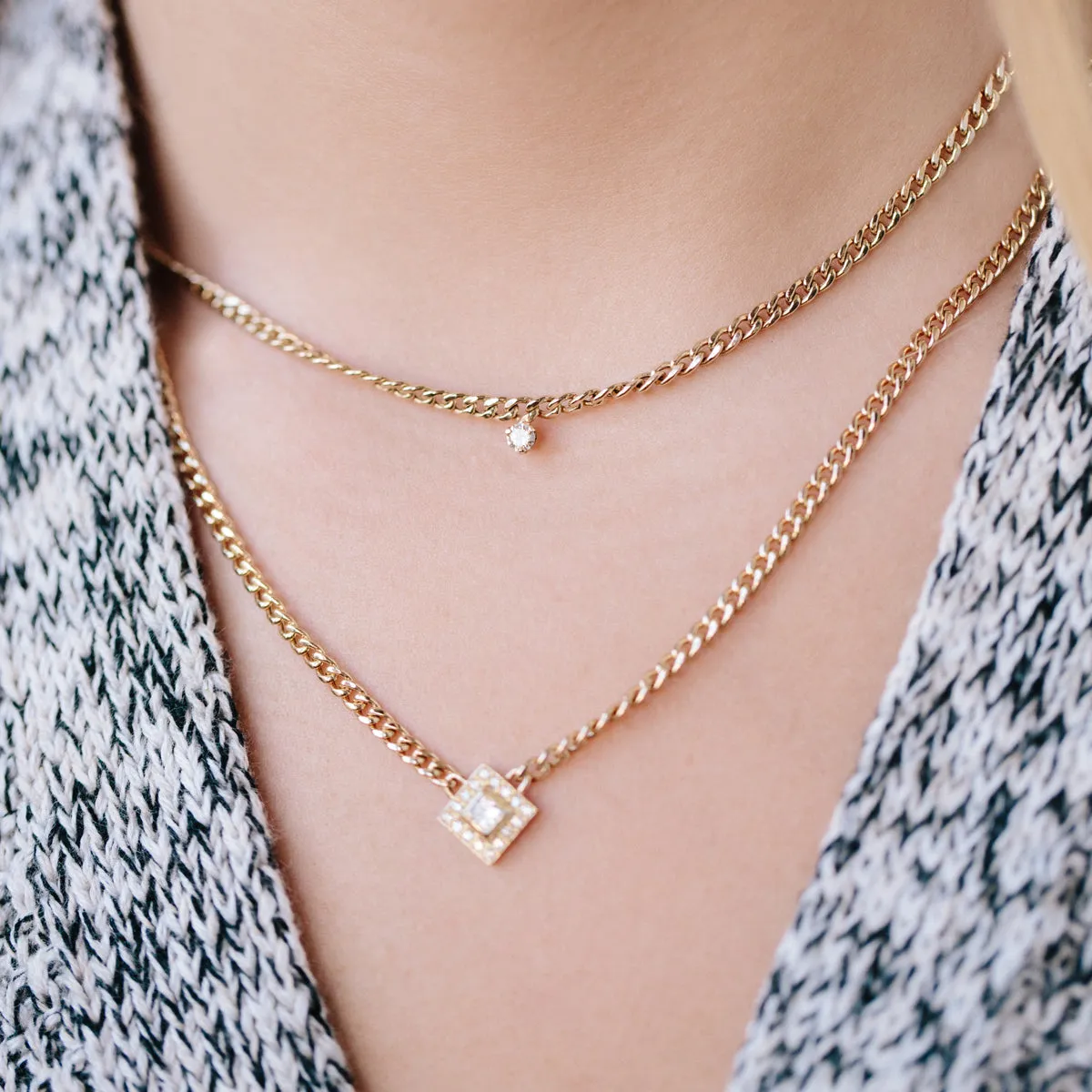 14k Single Prong Diamond Small Curb Chain Necklace