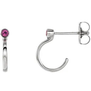 14K White 2 mm Round Pink Tourmaline Bezel-Set J-Hoop Earrings