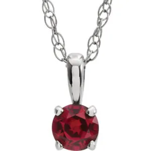 14K White 3 mm Round July Chatham® Lab-Created Ruby Youth Birthstone 14" Necklace
