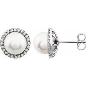14K White 8-8.5 mm Freshwater Pearl & 1/4 CTW Diamond Earrings