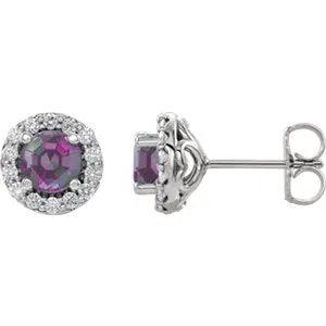 14K White Chatham® Lab-Created Alexandrite & 1/6 Diamond Earrings