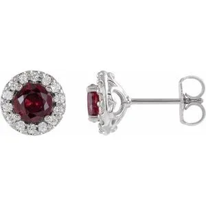 14K White Chatham® Lab-Created Ruby & 1/4 Diamond Earrings