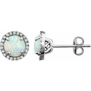 14K White Created Opal & 1/8 CTW Diamond Earrings