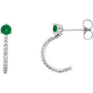 14K White Emerald & 1/6 CTW Diamond J-Hoop Earrings
