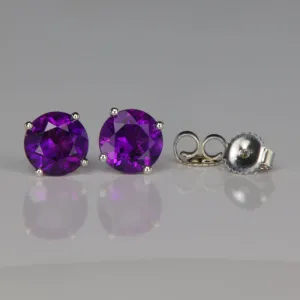 14K White Gold Round Brilliant Cut Amethyst Stud Earrings 1.76 Carats