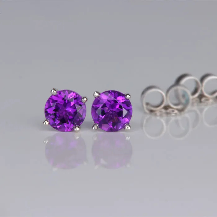 14K White Gold Round Cut Amethyst Stud Earrings .60 Carats