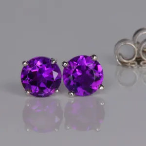 14K White Gold Round Cut Amethyst Stud Earrings .63 Carats