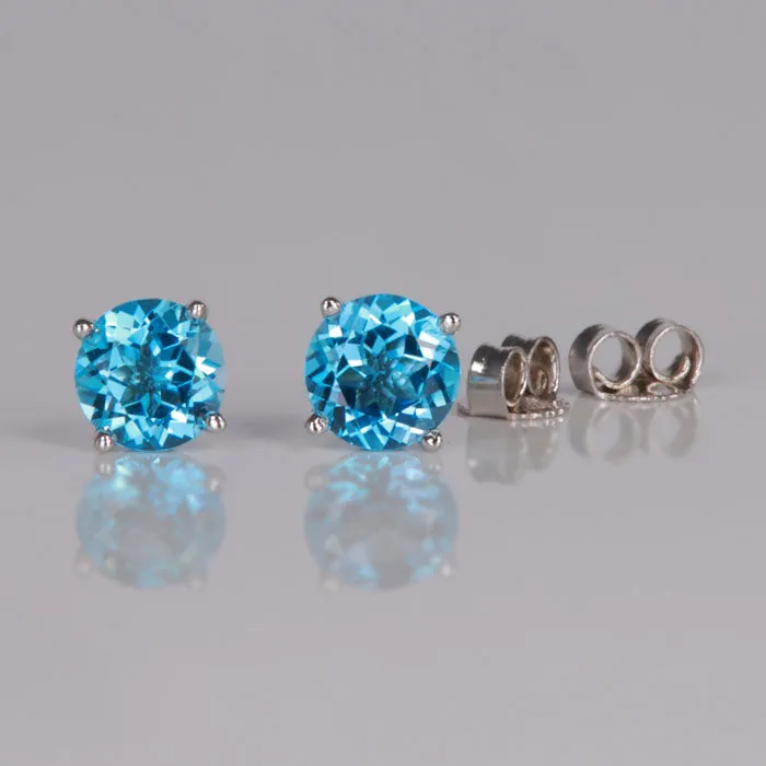 14K White Gold Swiss Blue Topaz Stud Earrings 1.82 Carats