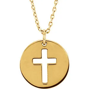 14K Yellow Pierced Cross Disc 16-18" Necklace