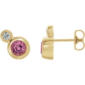 14K Yellow Pink Tourmaline & 1/8 CTW Diamond Earrings