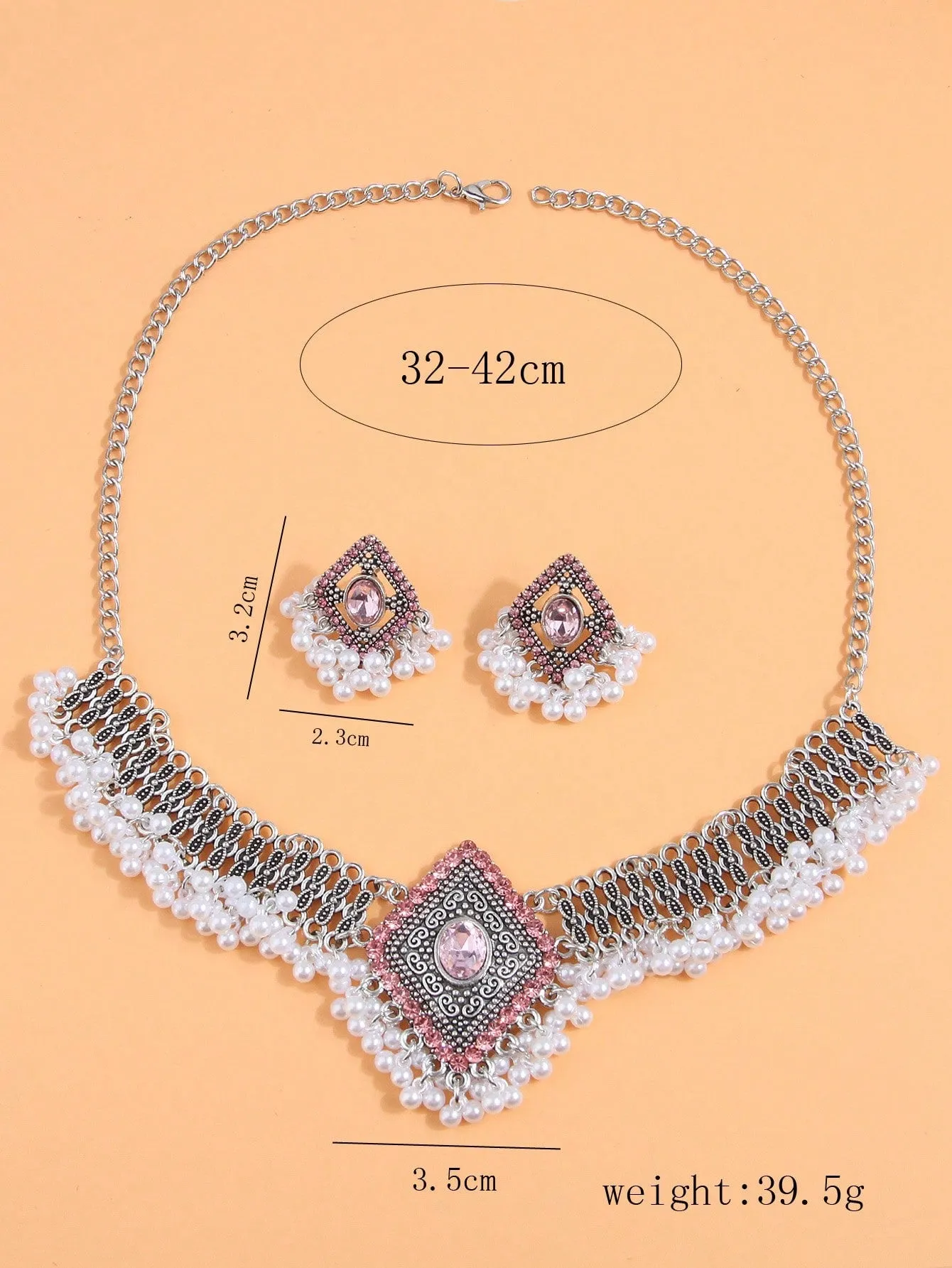 1pc Simple Vintage Style Rhombus Shaped Shiny Rhinestone & Beaded Chain Lady's Necklace   1pair Rhombus Shaped Beaded Lady's Dangle Earrings