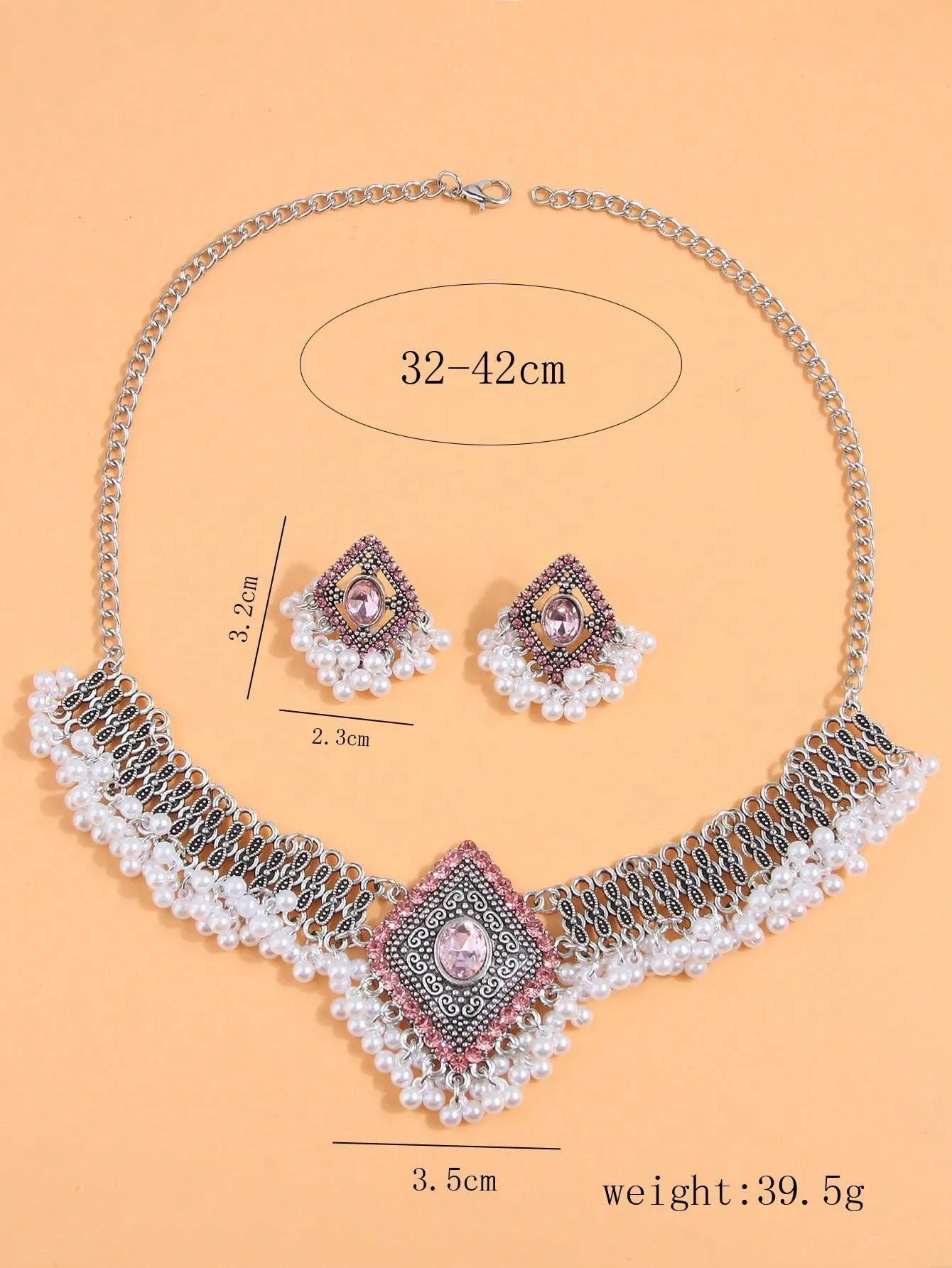 1pc Simple Vintage Style Rhombus Shaped Shiny Rhinestone & Beaded Chain Lady's Necklace   1pair Rhombus Shaped Beaded Lady's Dangle Earrings