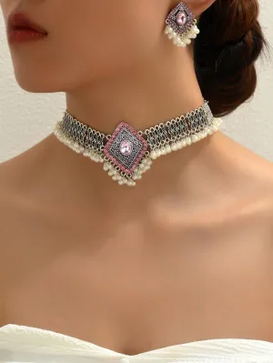 1pc Simple Vintage Style Rhombus Shaped Shiny Rhinestone & Beaded Chain Lady's Necklace   1pair Rhombus Shaped Beaded Lady's Dangle Earrings