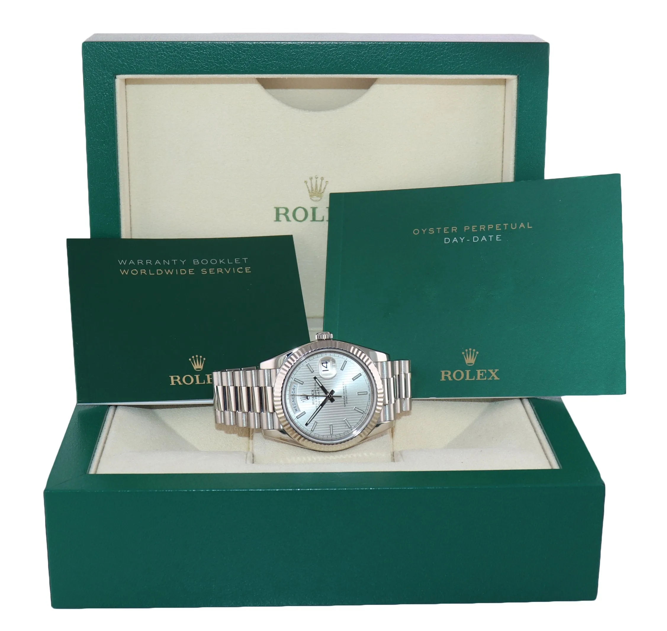 2018 Rolex Day Date 40 White Gold President Silver Tapestry 228239 Watch Box