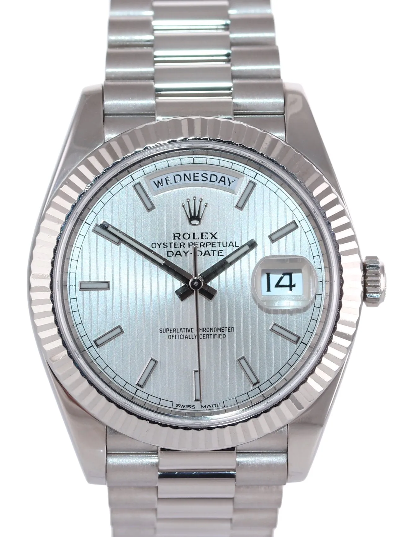 2018 Rolex Day Date 40 White Gold President Silver Tapestry 228239 Watch Box