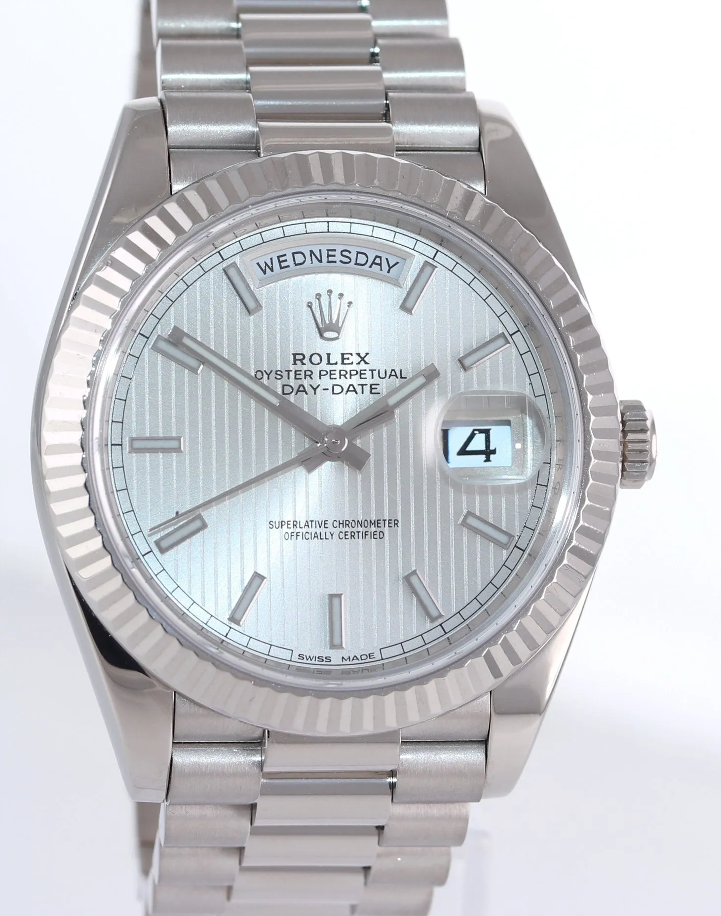 2018 Rolex Day Date 40 White Gold President Silver Tapestry 228239 Watch Box