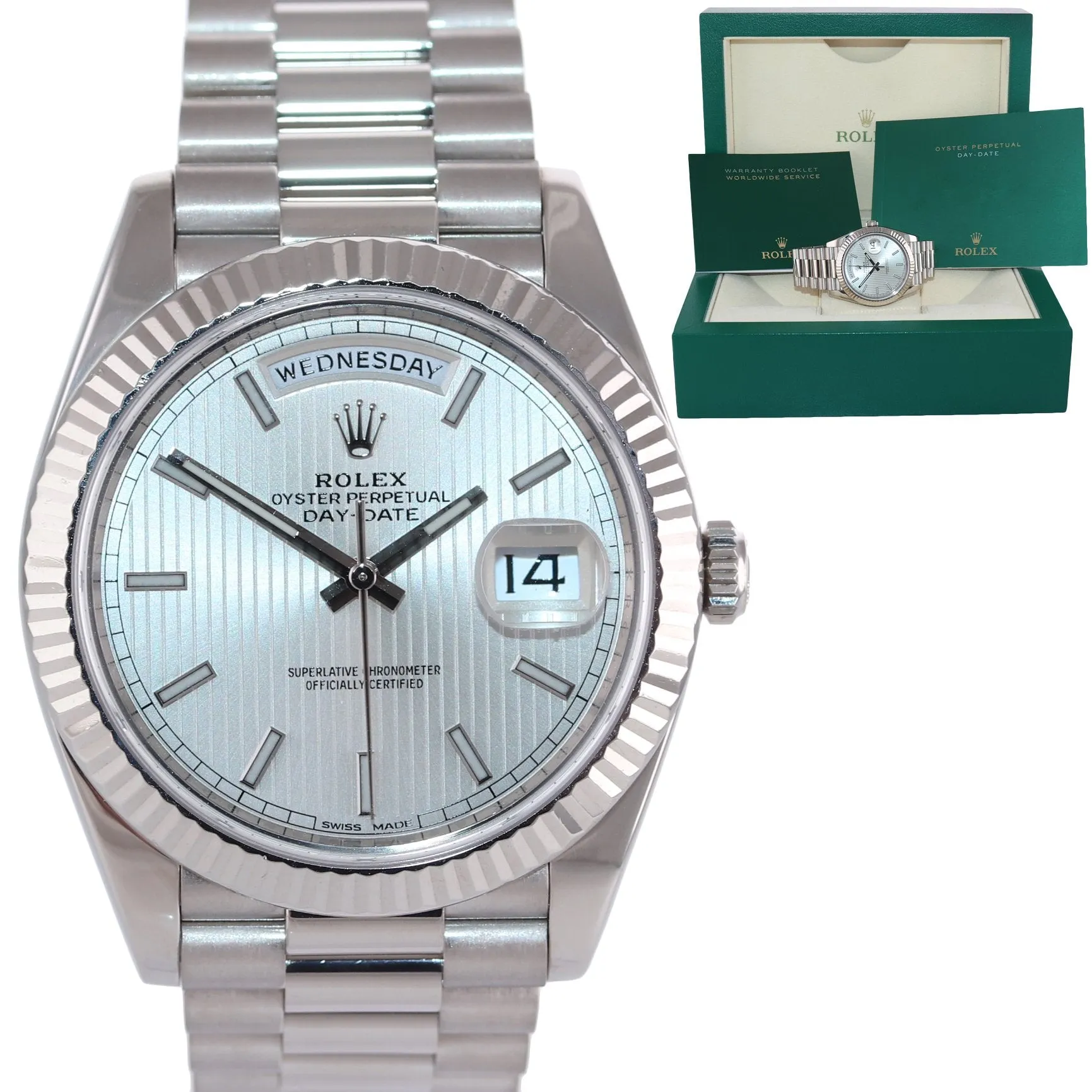 2018 Rolex Day Date 40 White Gold President Silver Tapestry 228239 Watch Box