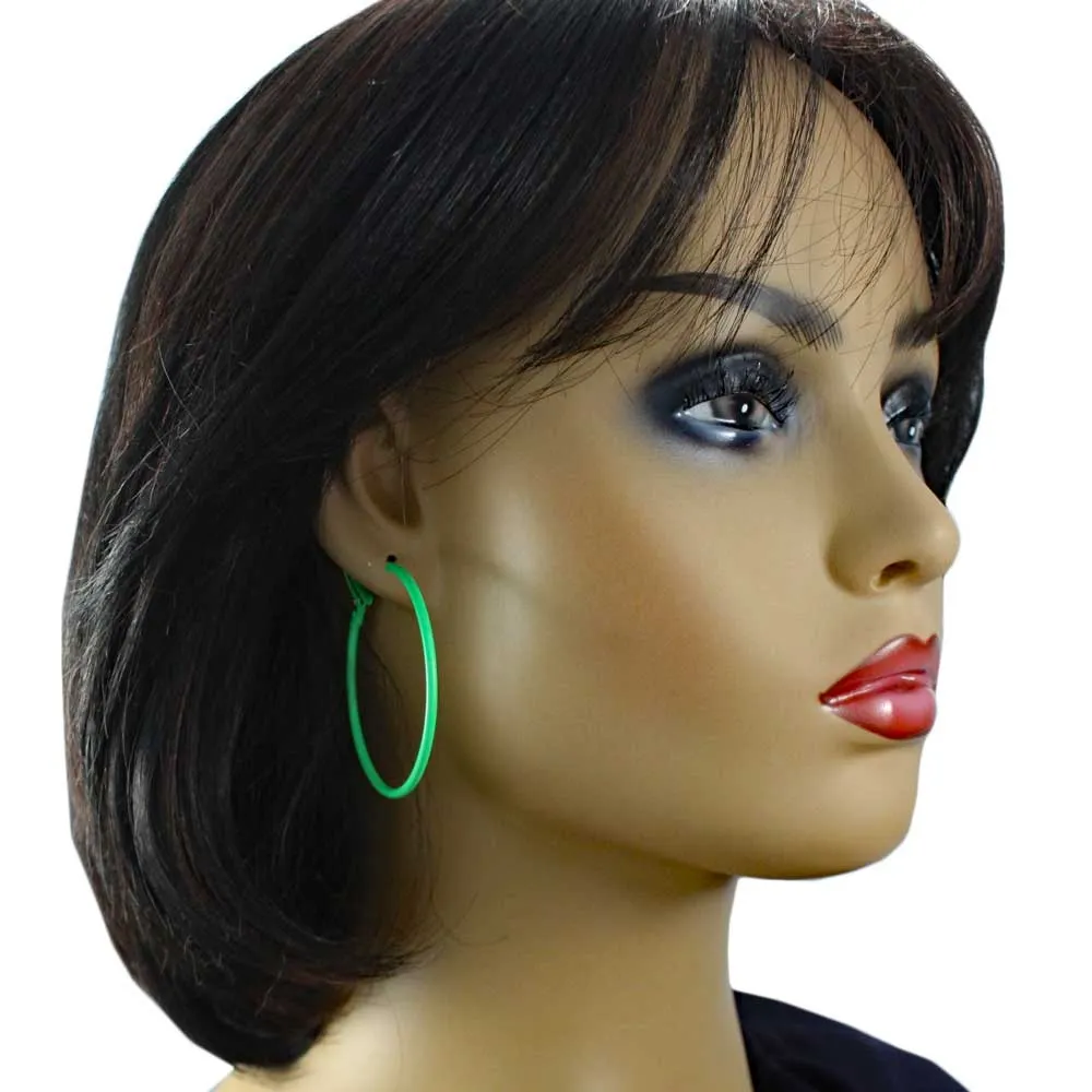 2" Medium Sized Green Enamel Skinny Hoop Pierced Earring - FE220RD