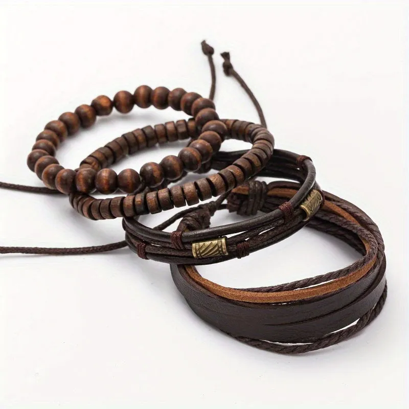 4pcs Mens Brown Leather Bead Bracelet Surfer Wristband
