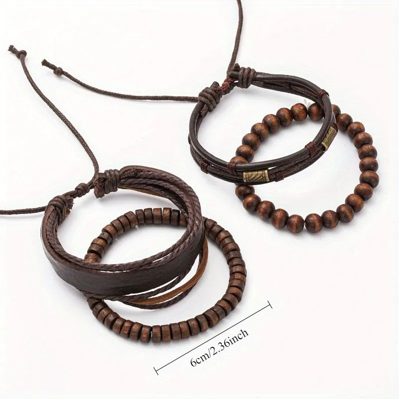 4pcs Mens Brown Leather Bead Bracelet Surfer Wristband