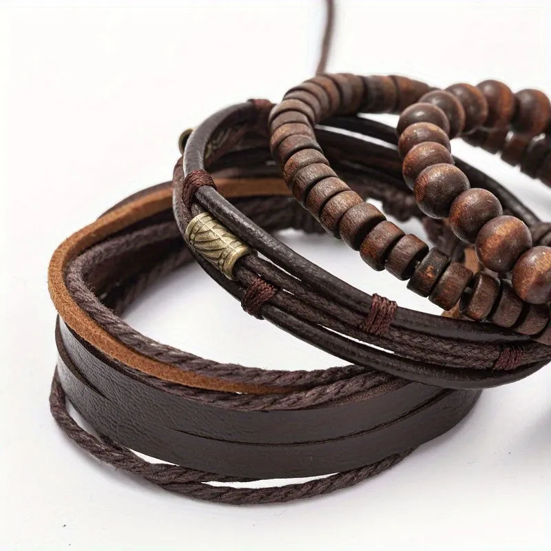 4pcs Mens Brown Leather Bead Bracelet Surfer Wristband
