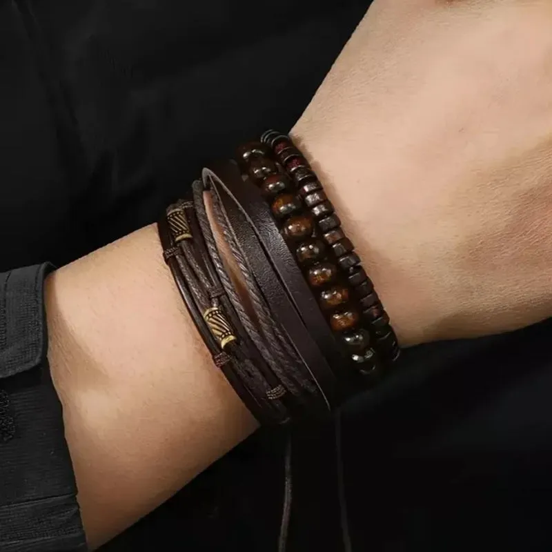 4pcs Mens Brown Leather Bead Bracelet Surfer Wristband