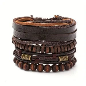 4pcs Mens Brown Leather Bead Bracelet Surfer Wristband