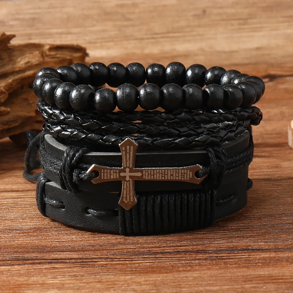 4pcs Men's Woven Pu Leather Cross Bracelets