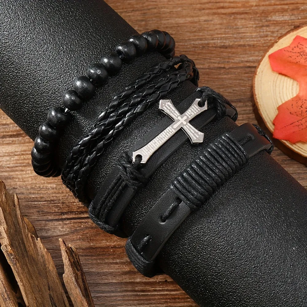 4pcs Men's Woven Pu Leather Cross Bracelets