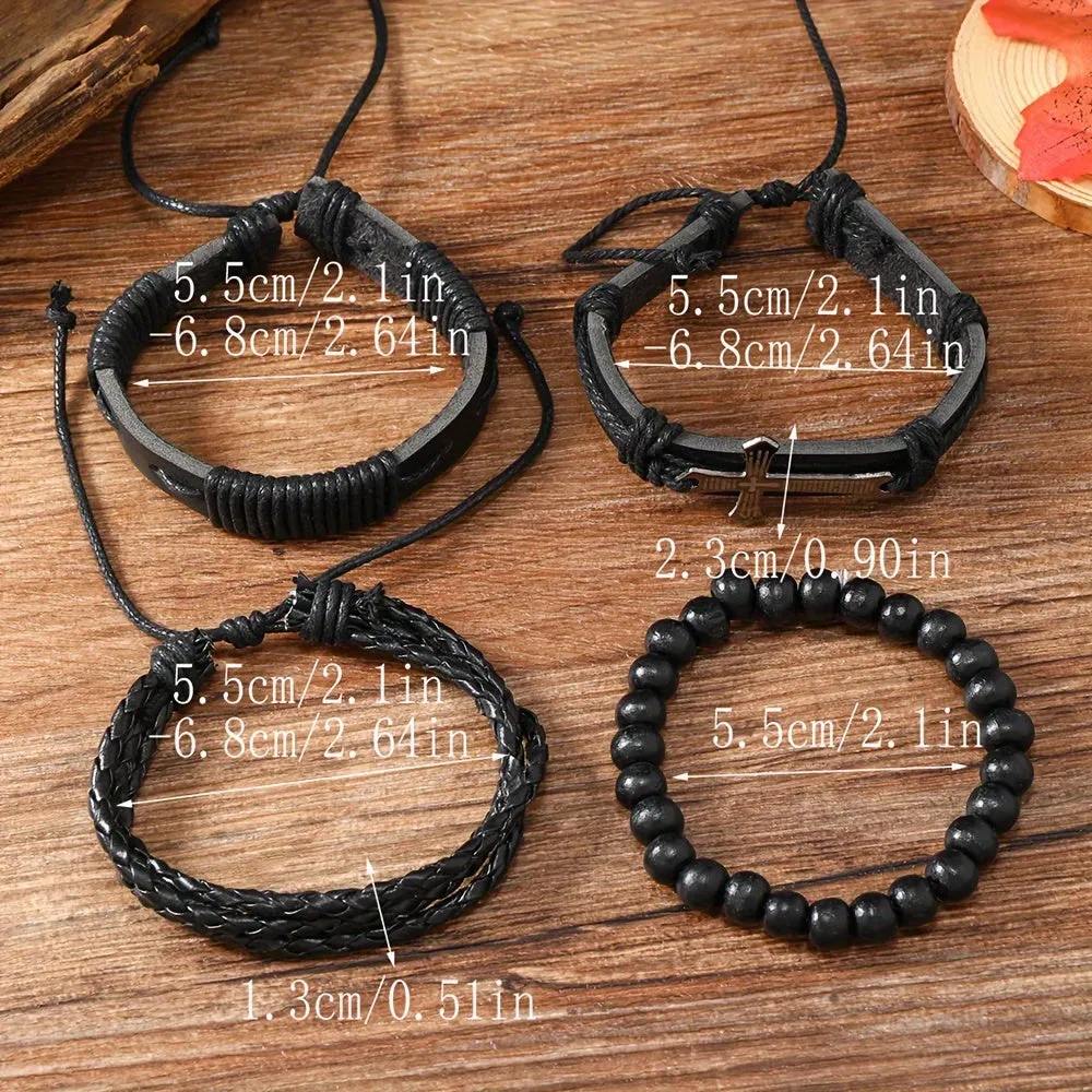 4pcs Men's Woven Pu Leather Cross Bracelets