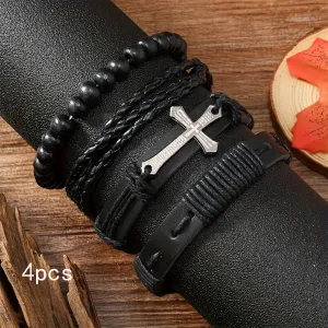 4pcs Men's Woven Pu Leather Cross Bracelets