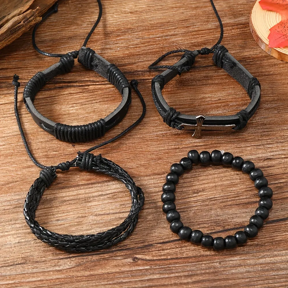 4pcs Men's Woven Pu Leather Cross Bracelets