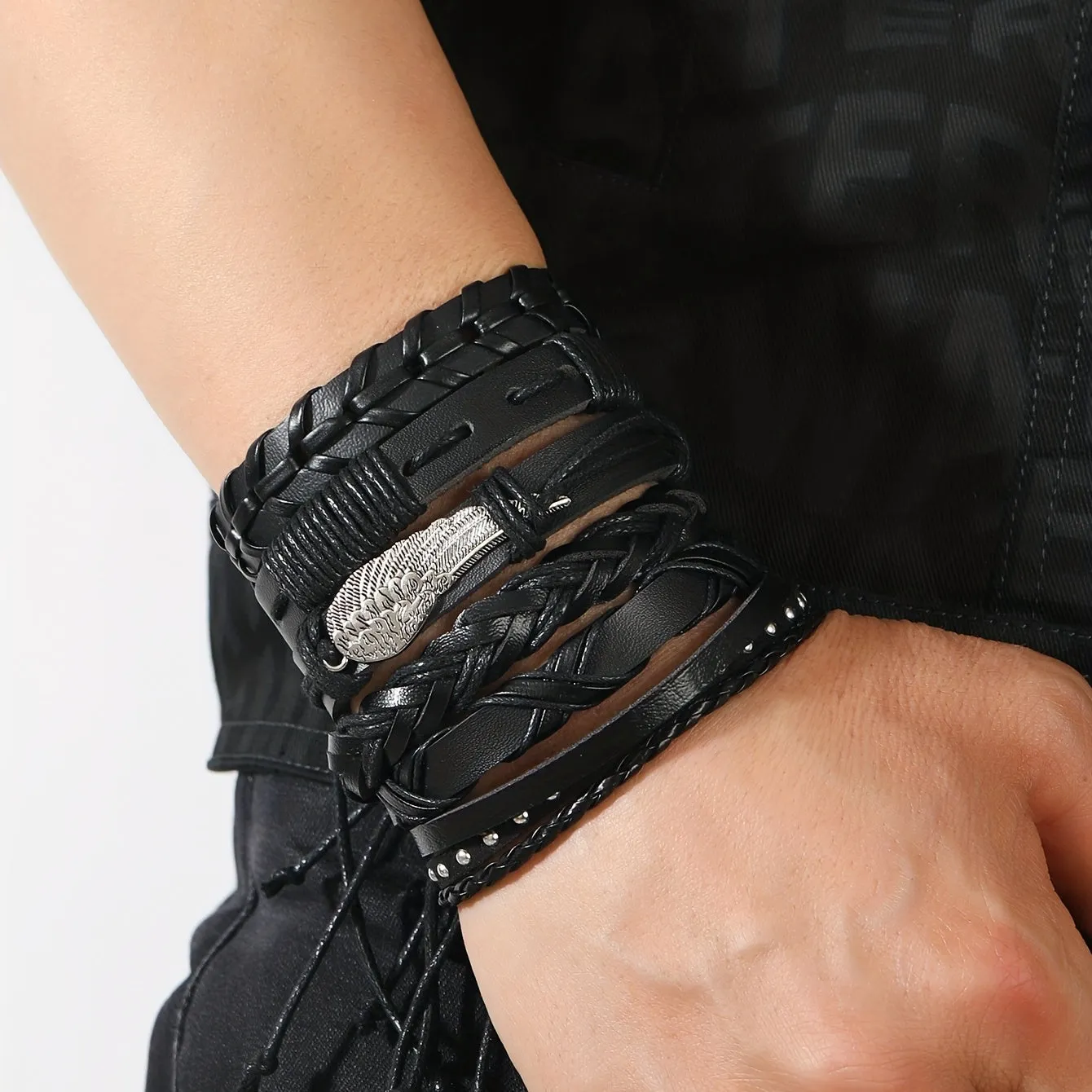 5pcs Retro Hand-woven PU Leather Bracelet Set