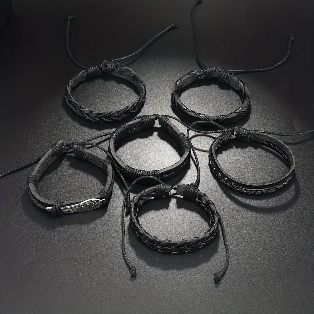 5pcs Retro Hand-woven PU Leather Bracelet Set
